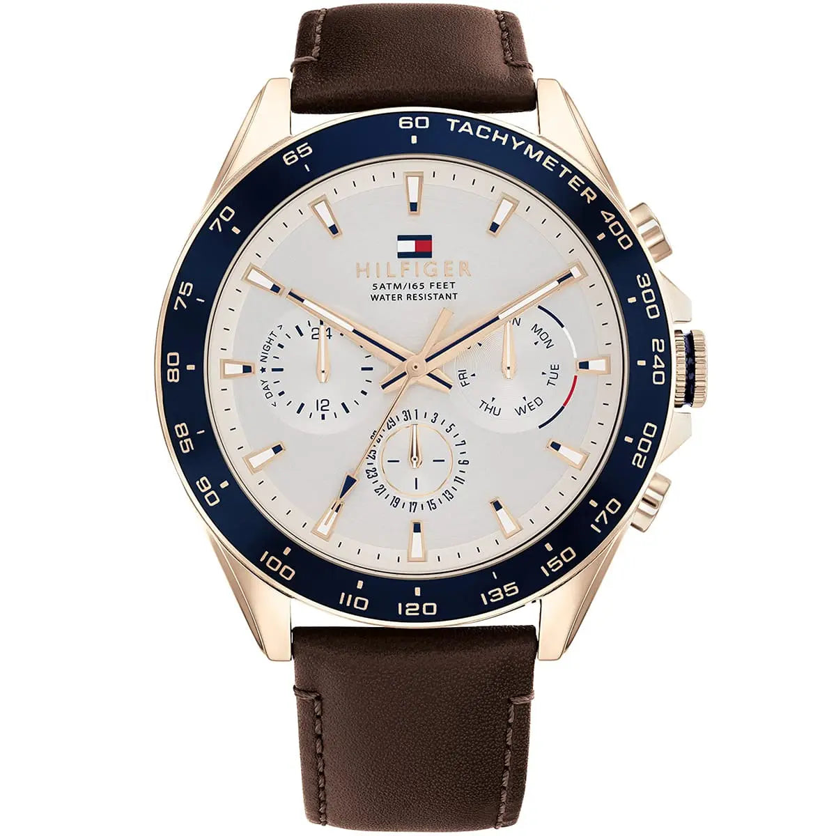Tommy Hilfiger 1791966 men's watch with white dial, chronograph subdials, and navy tachymeter bezel