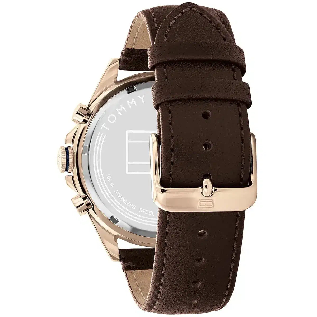 Tommy Hilfiger 1791966 watch brown leather strap with rose gold buckle and caseback detail