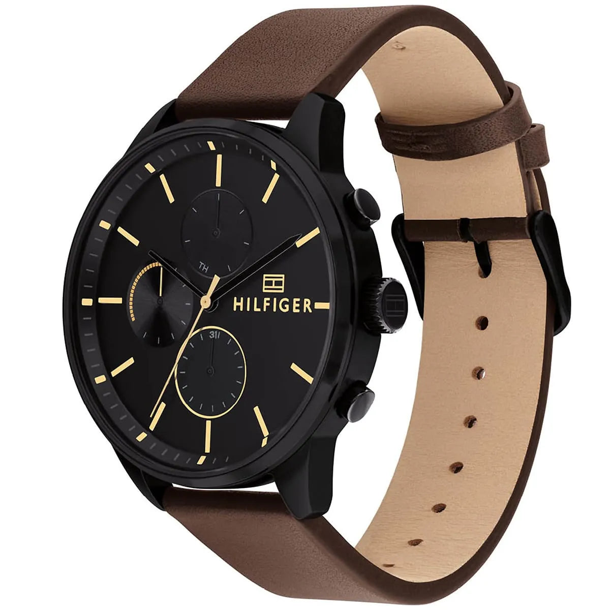 Tommy Hilfiger Chase watch showing side profile with brown leather strap and black case