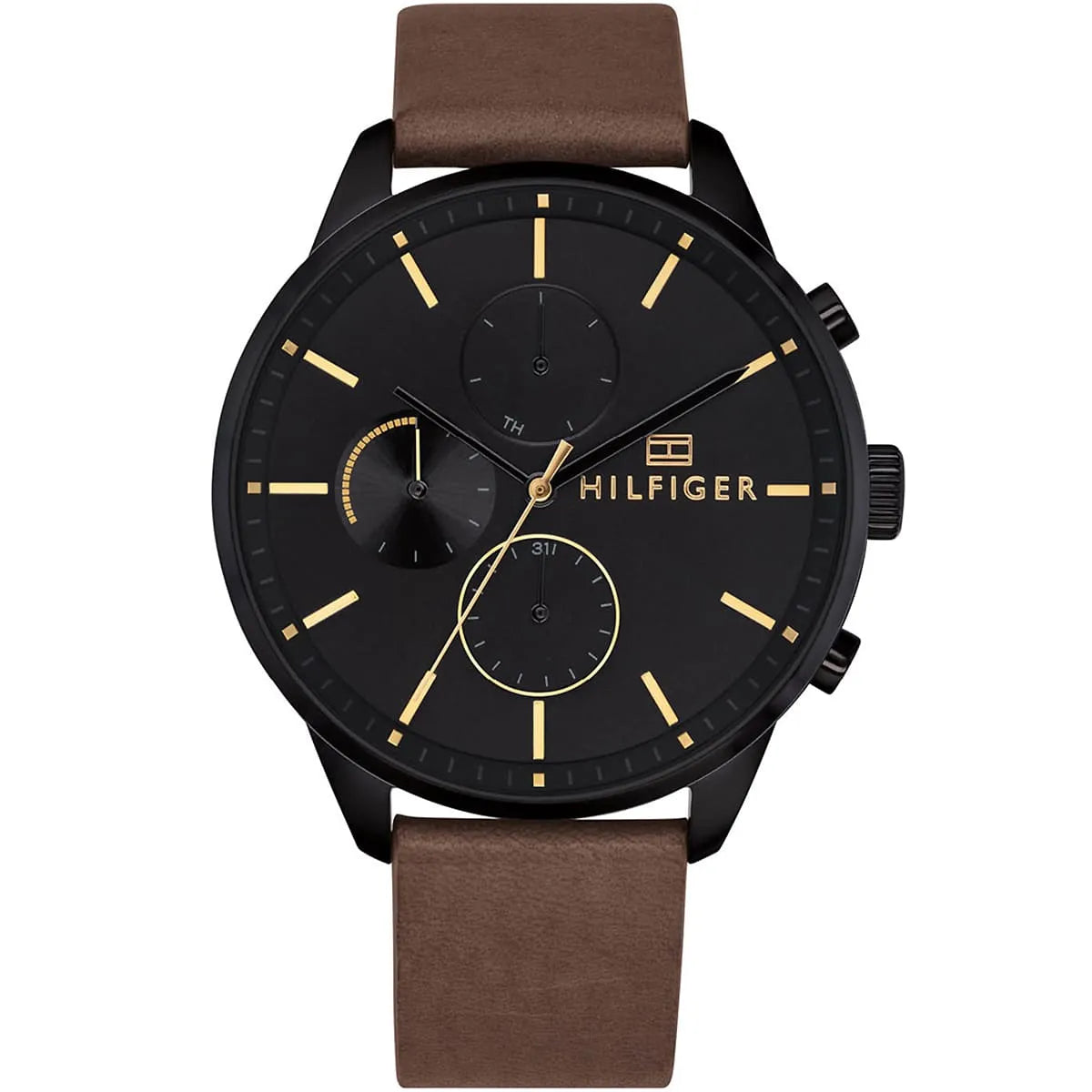 Tommy Hilfiger Chase chronograph watch with black dial, gold hour markers, and brown leather strap