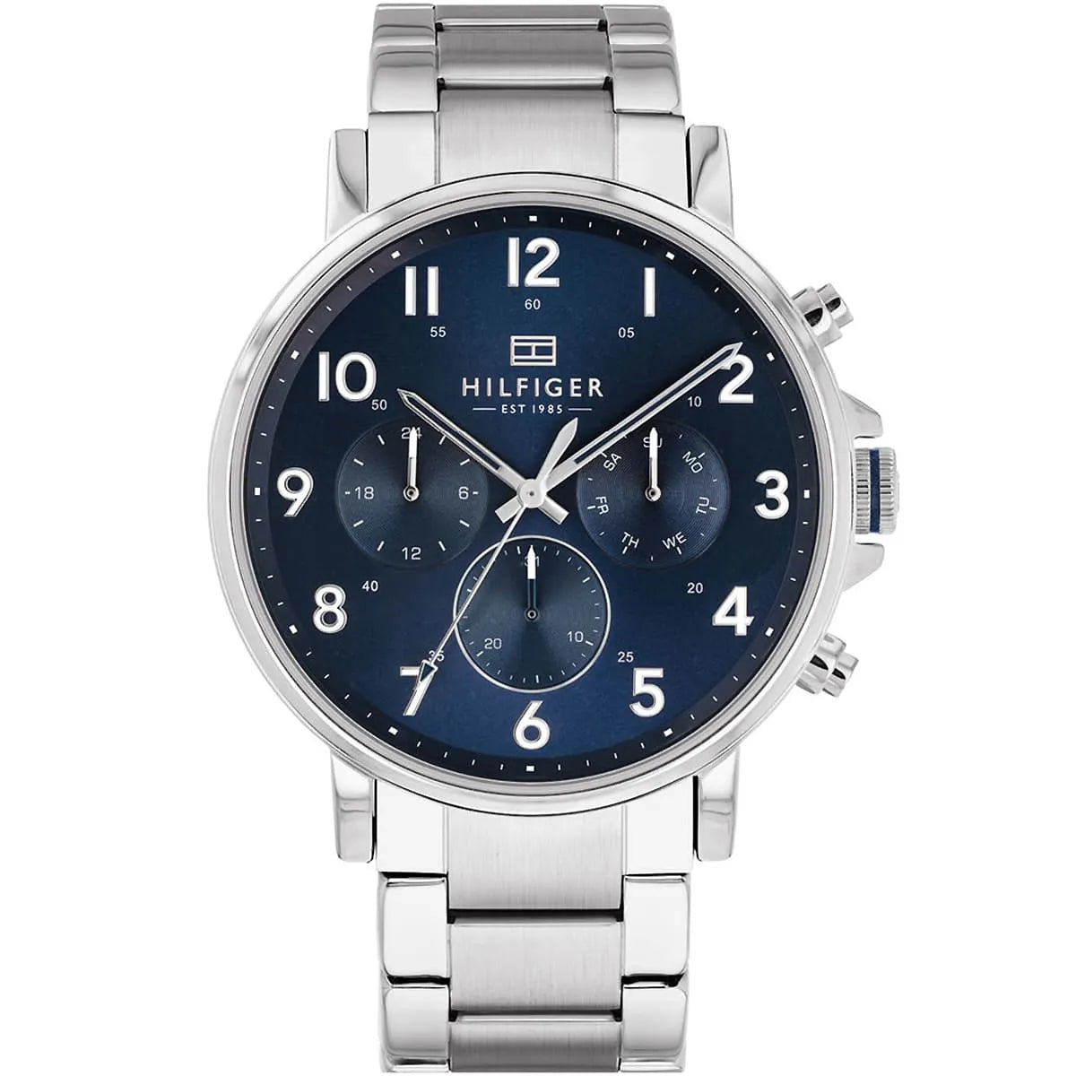 Tommy Hilfiger men's watch with blue dial, silver stainless steel case and bracelet, 44mm quartz chronograph