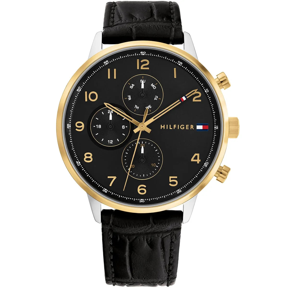 Tommy Hilfiger Leonard watch with black dial, gold chronograph hands, and black leather strap, front view