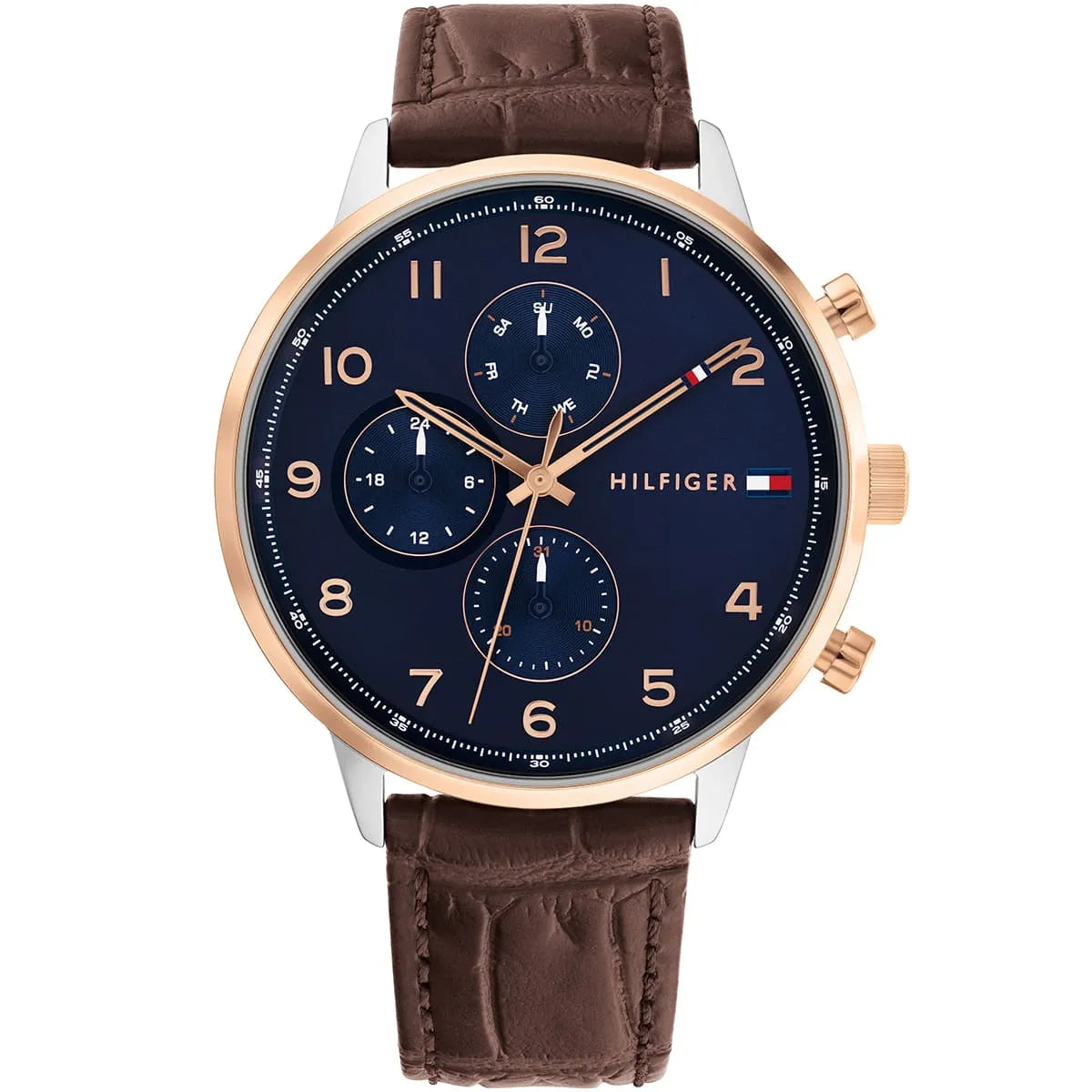 Tommy Hilfiger Leonard chronograph watch with blue dial and brown leather strap