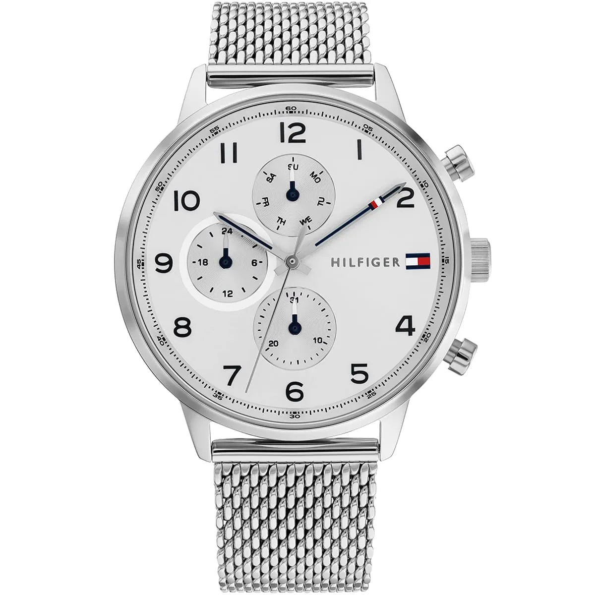 Tommy Hilfiger Leonard men's chronograph watch with white dial and silver mesh metal strap