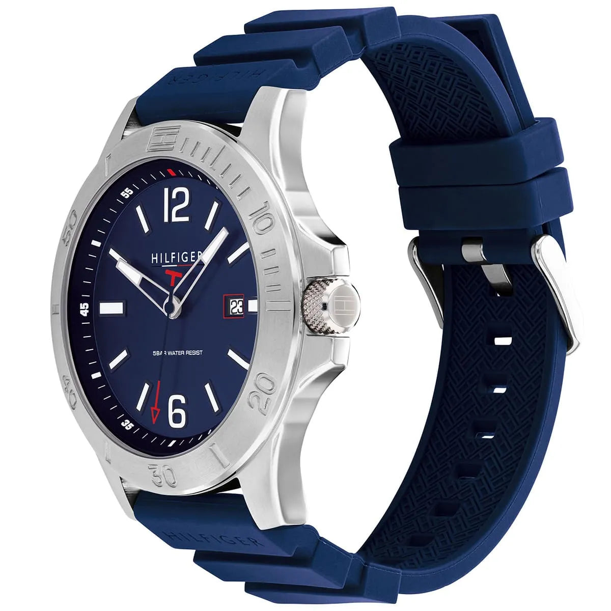 Tommy Hilfiger 1791991 watch displayed at side angle showing stainless steel case and blue rubber strap