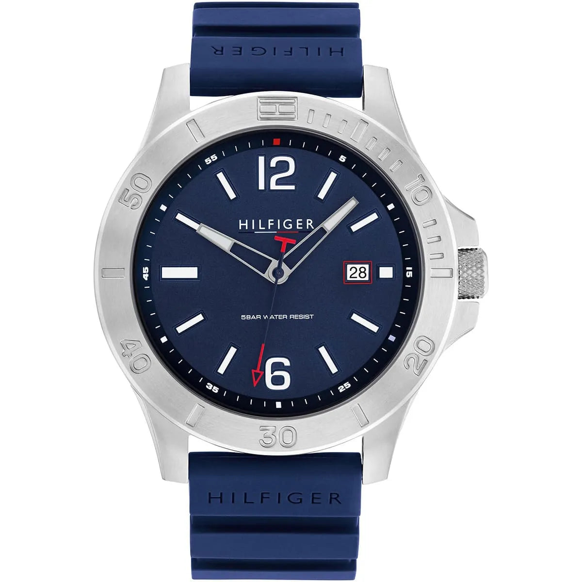 Tommy Hilfiger 1791991 men's watch with stainless steel case, blue dial, and blue silicone strap