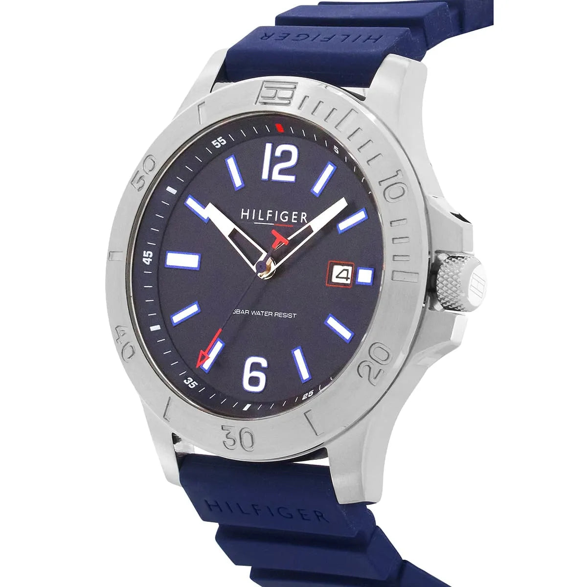 Tommy Hilfiger 1791991 watch from side profile showing case depth and blue silicone strap attachment