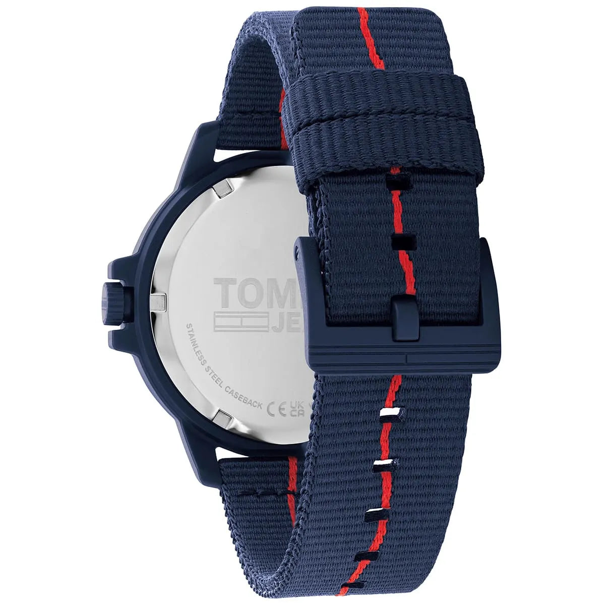 Tommy Hilfiger watch with caseback and fabric strap detail visible
