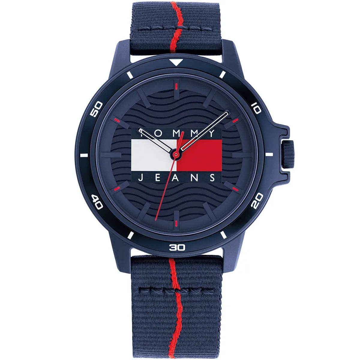 Tommy Hilfiger navy dial men's watch with Tommy Jeans logo and red fabric strap