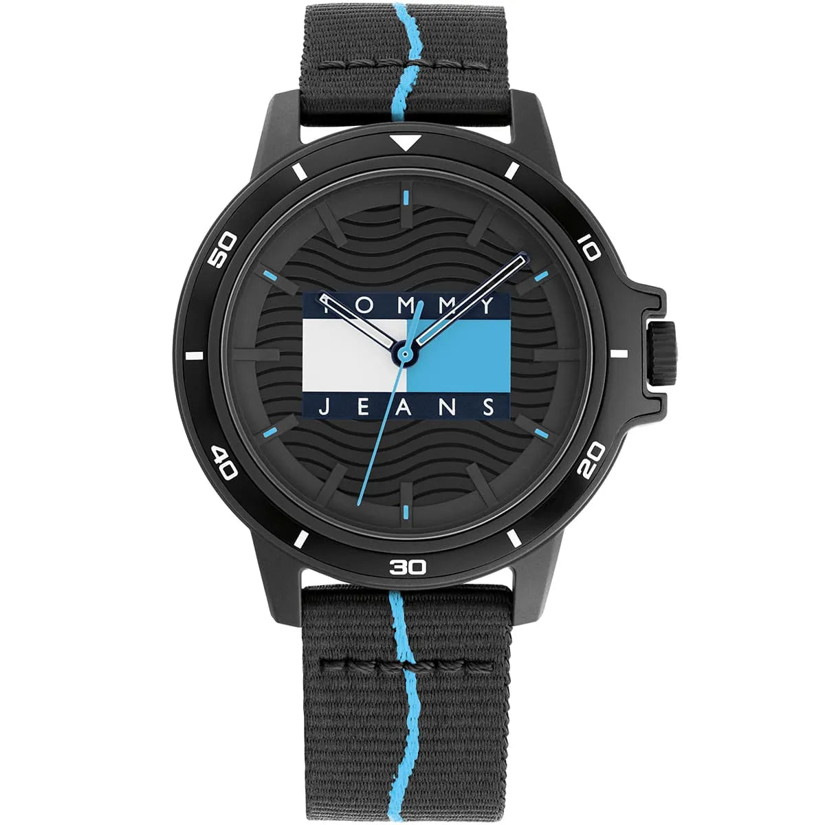 Tommy Hilfiger black men's watch with black dial and blue textile strap