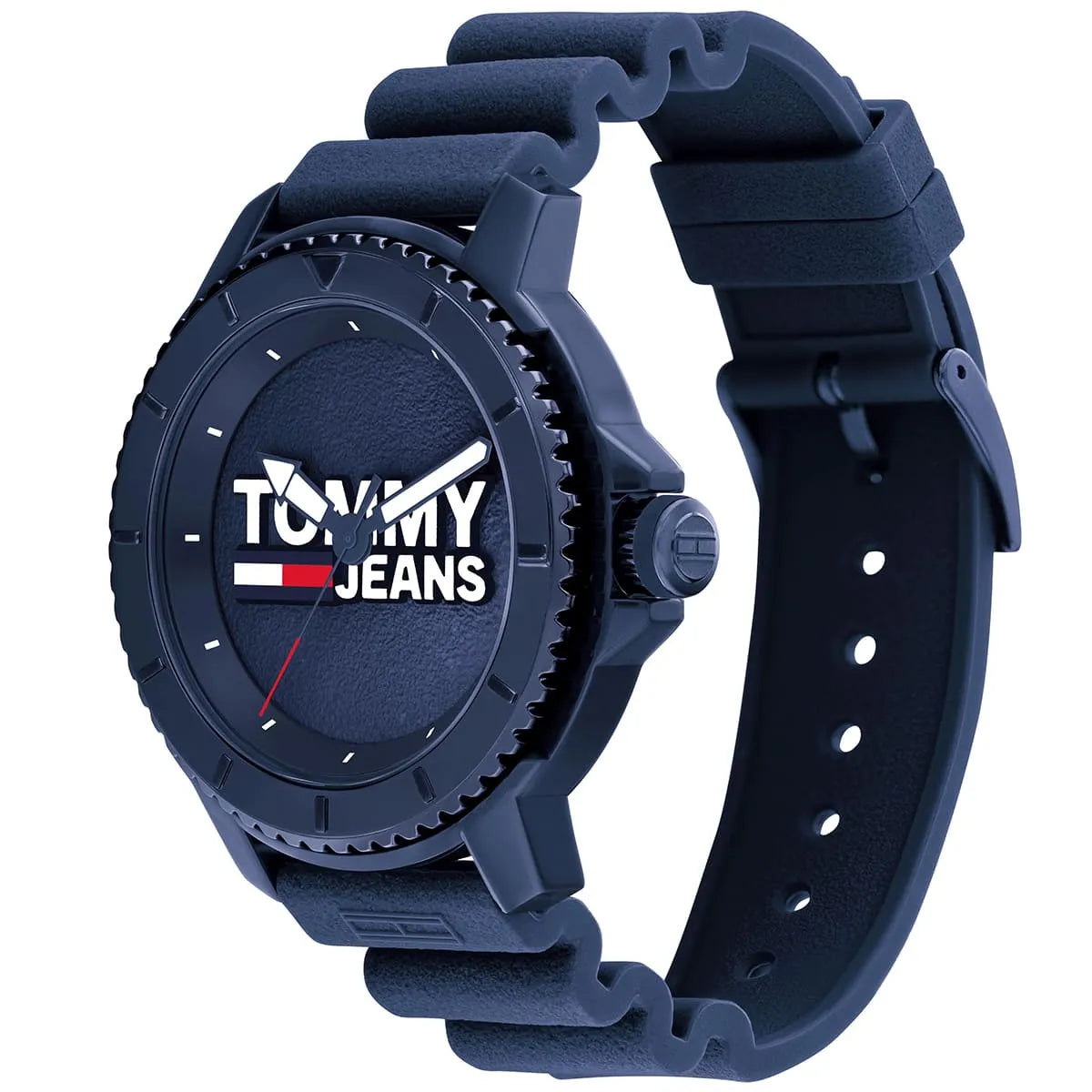 Tommy Hilfiger Jeans Tokyo watch showing dial and strap detail from angled side view