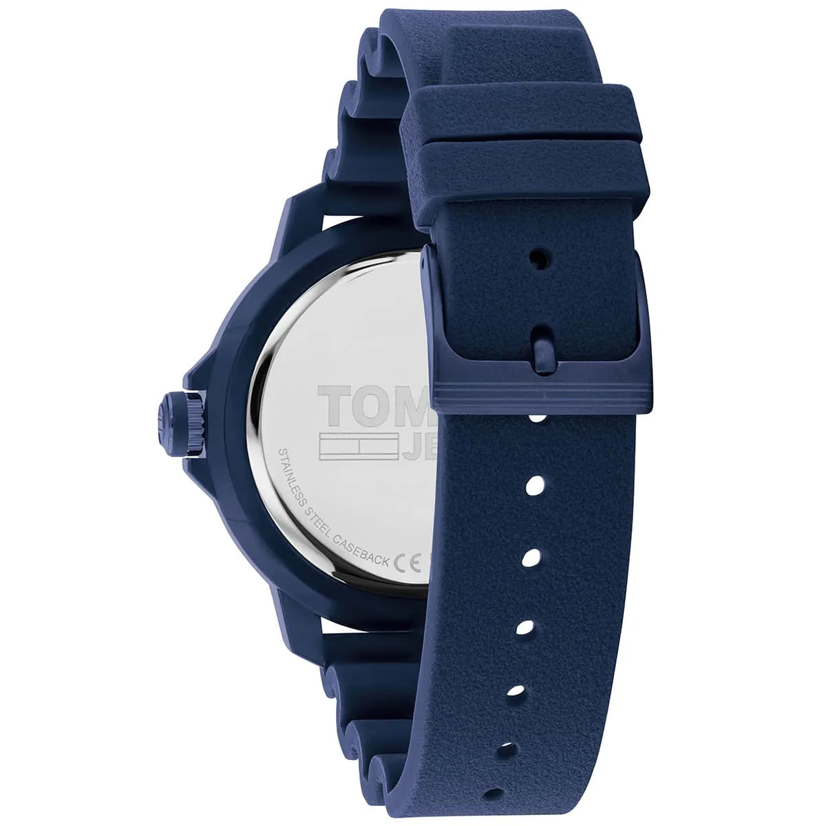 Tommy Hilfiger Jeans Tokyo watch caseback showing silver stainless steel back and blue strap