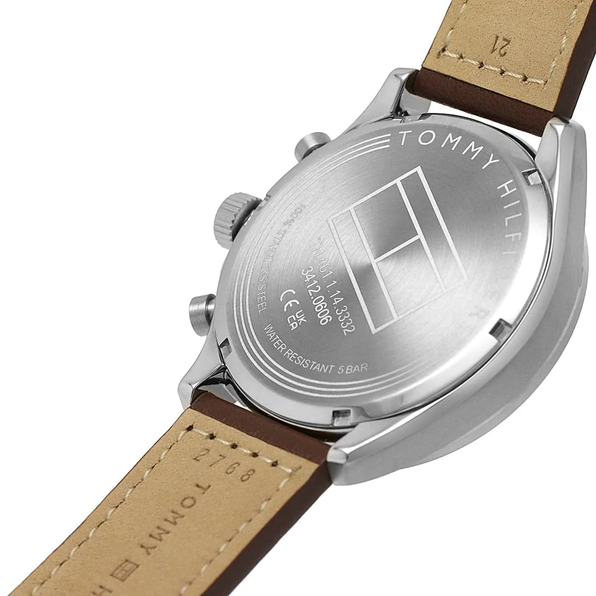 Tommy Hilfiger Axel watch caseback showing model and water resistance