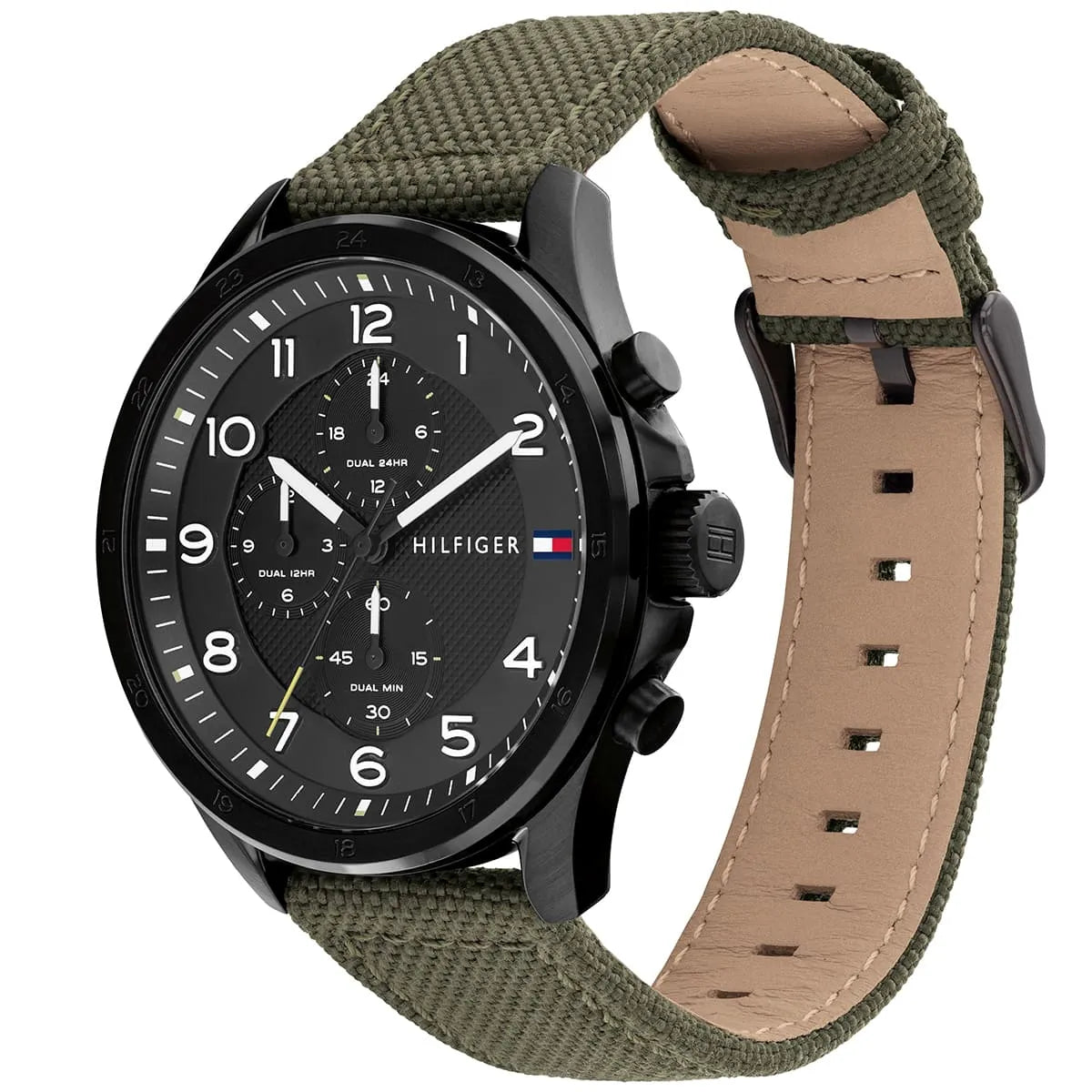 Side view of Tommy Hilfiger Axel watch showing green fabric strap with tan leather backing and chronograph pushers