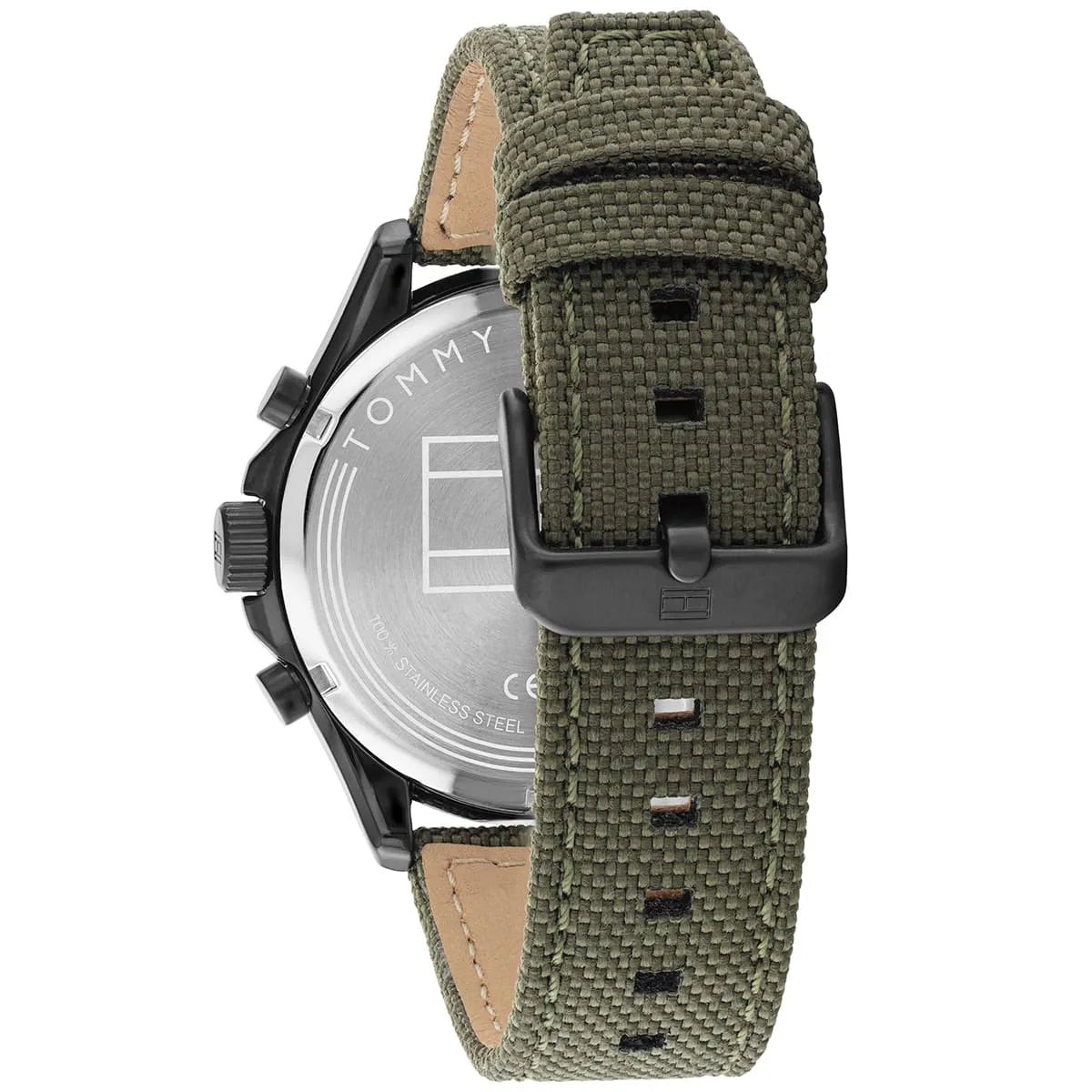 Caseback view of Tommy Hilfiger Axel showing transparent exhibition window with movement visible