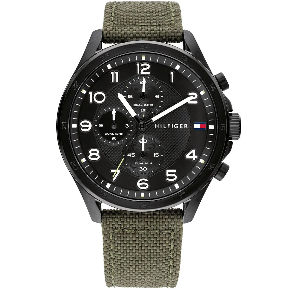 Tommy Hilfiger Axel men's watch with black dial, chronograph subdials, green fabric strap, and black case