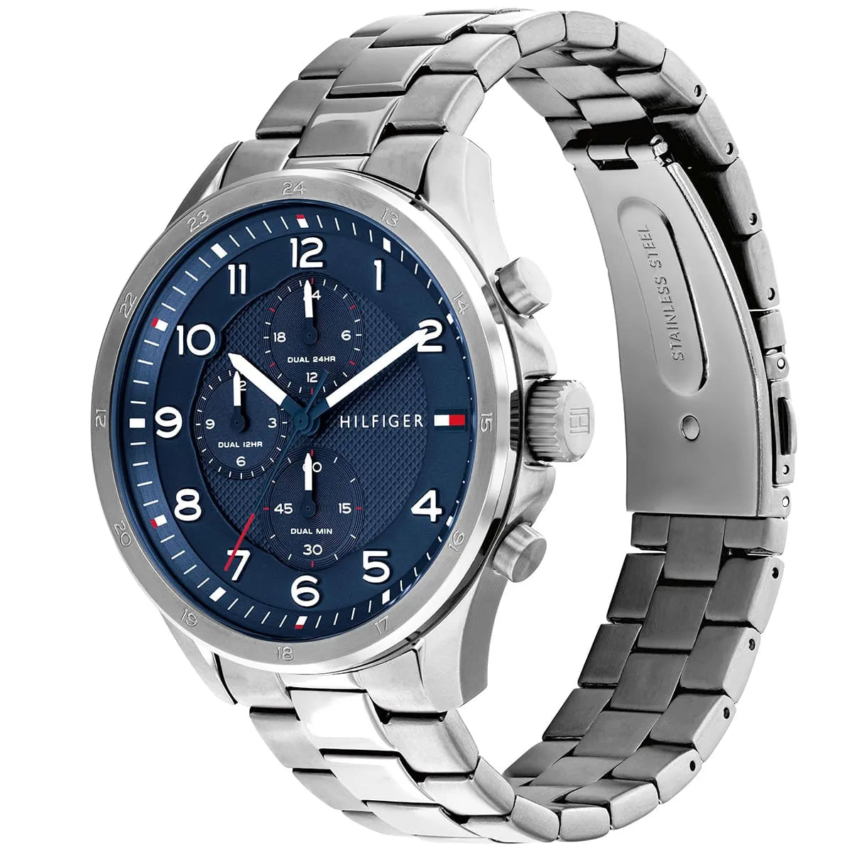 Tommy Hilfiger Axel chronograph watch shown at angle with stainless steel bracelet visible