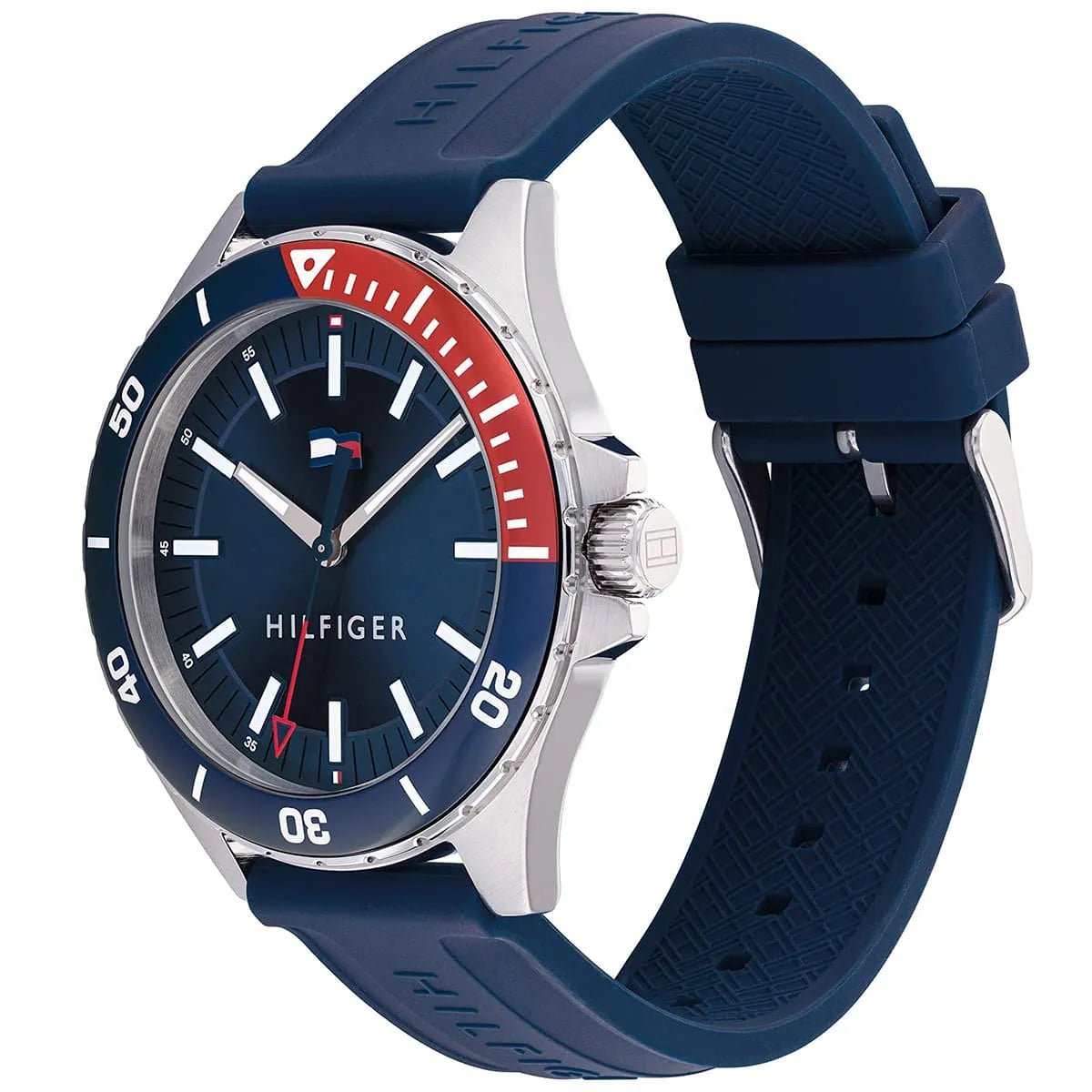 Tommy Hilfiger Logan watch at angle showing dial and blue rubber strap