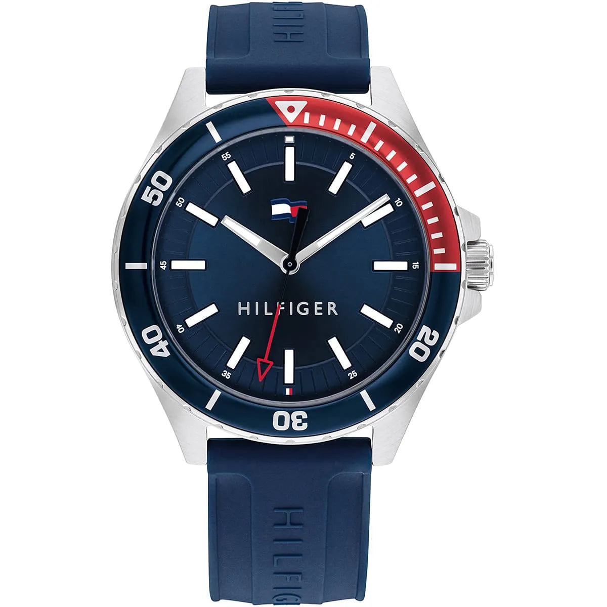Tommy Hilfiger Logan watch with blue dial, red bezel, and navy rubber strap