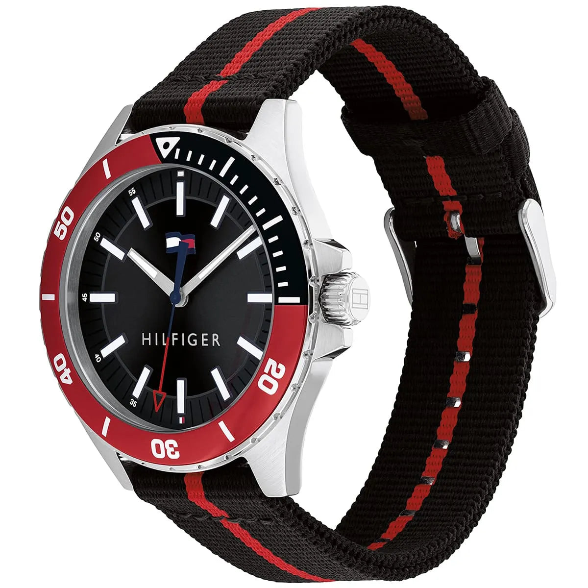Three-quarter view of Tommy Hilfiger Logan watch showing profile and nylon strap construction