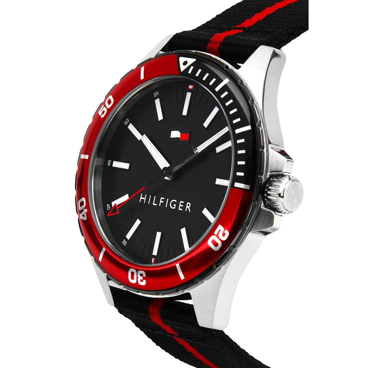 Close-up of Tommy Hilfiger Logan watch dial showing HILFIGER text and hour markers