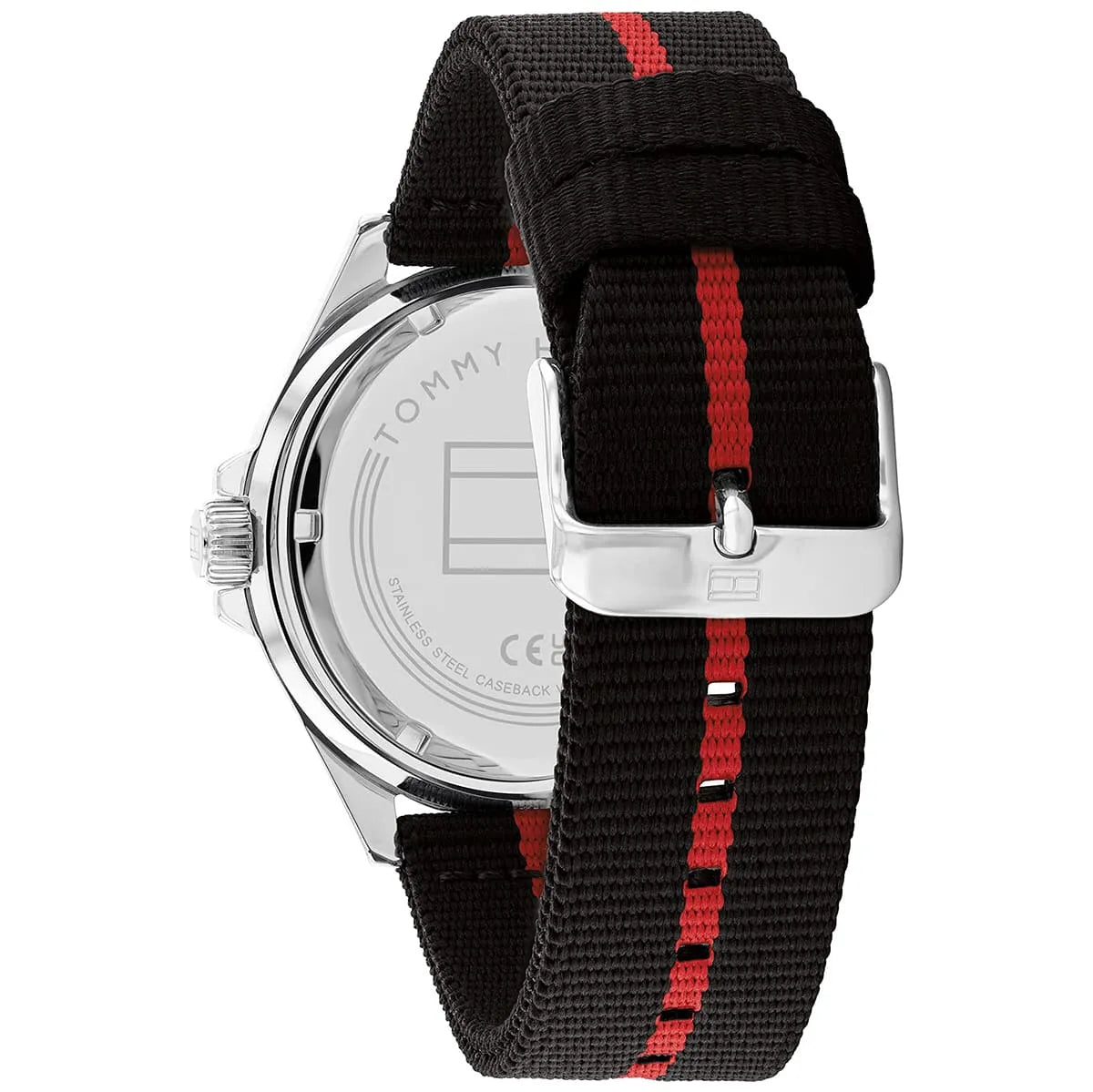 Side profile of Tommy Hilfiger Logan watch displaying case, crown, and striped nylon strap
