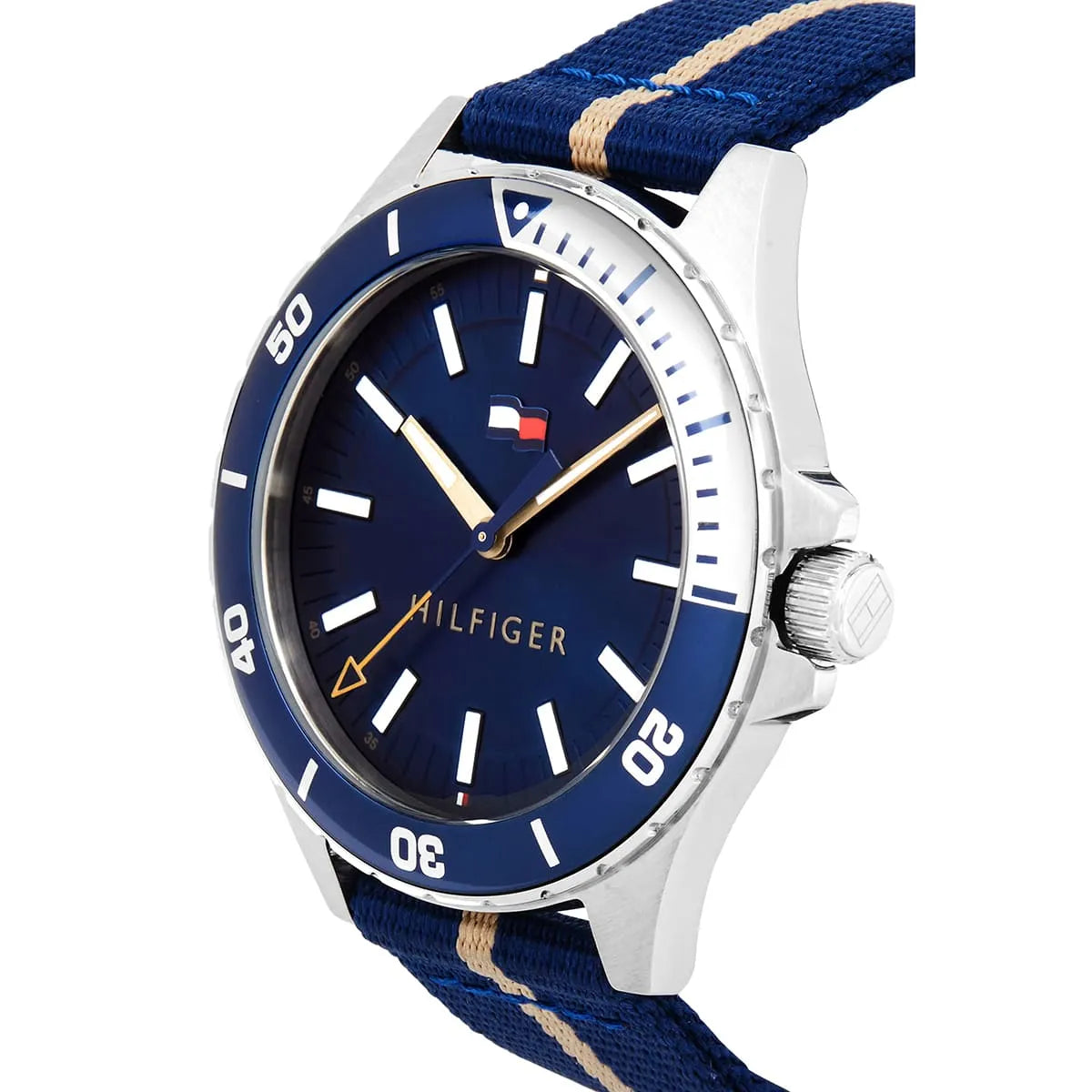 Close-up of Tommy Hilfiger Logan watch dial with three hands and Tommy Hilfiger branding
