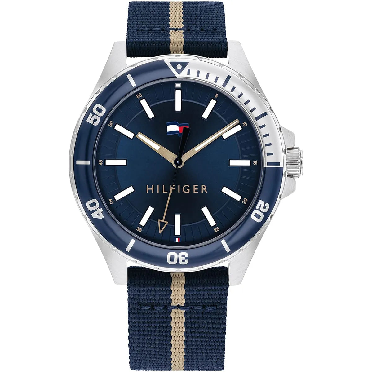 Tommy Hilfiger Logan men's watch with blue dial, white markers, and navy striped fabric strap