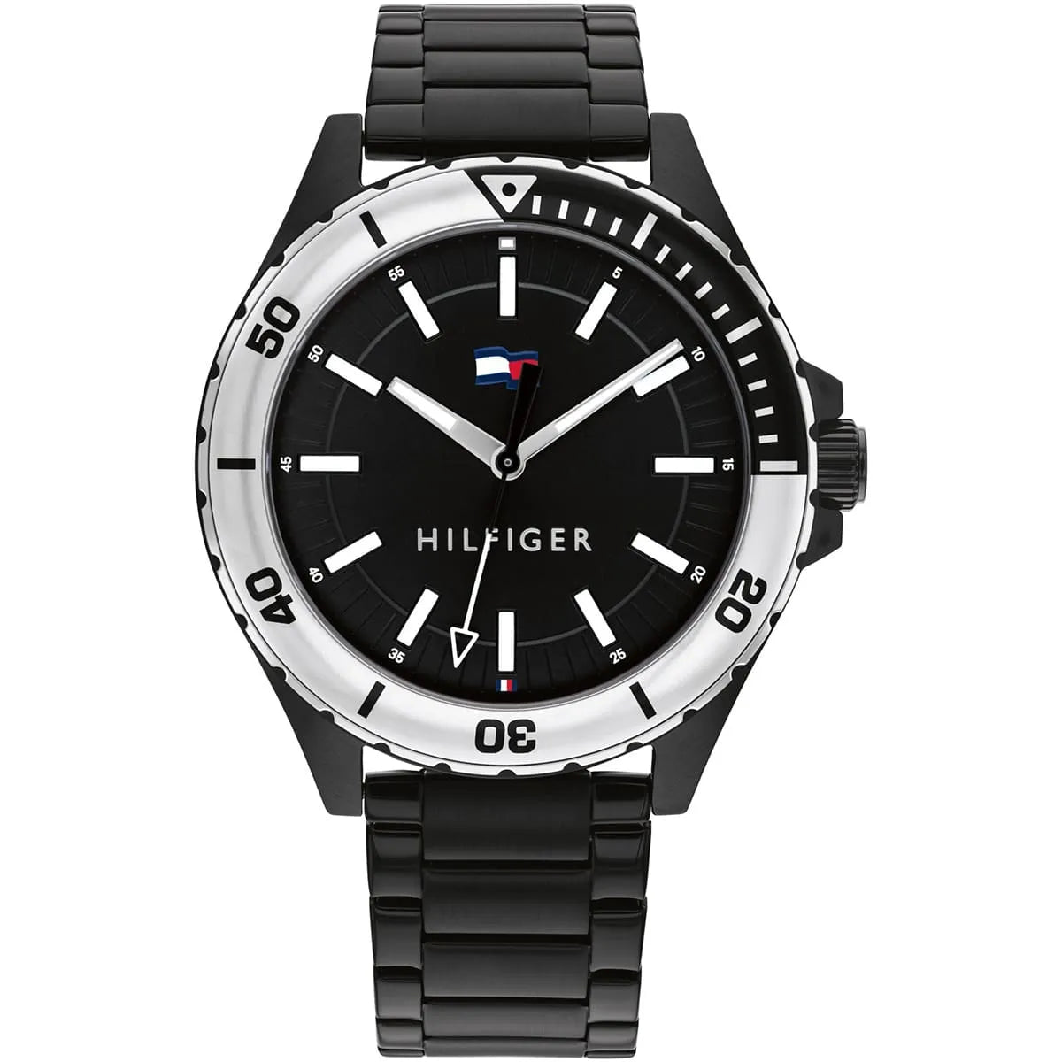 Tommy Hilfiger Logan black dial watch with stainless steel bracelet and white hour markers