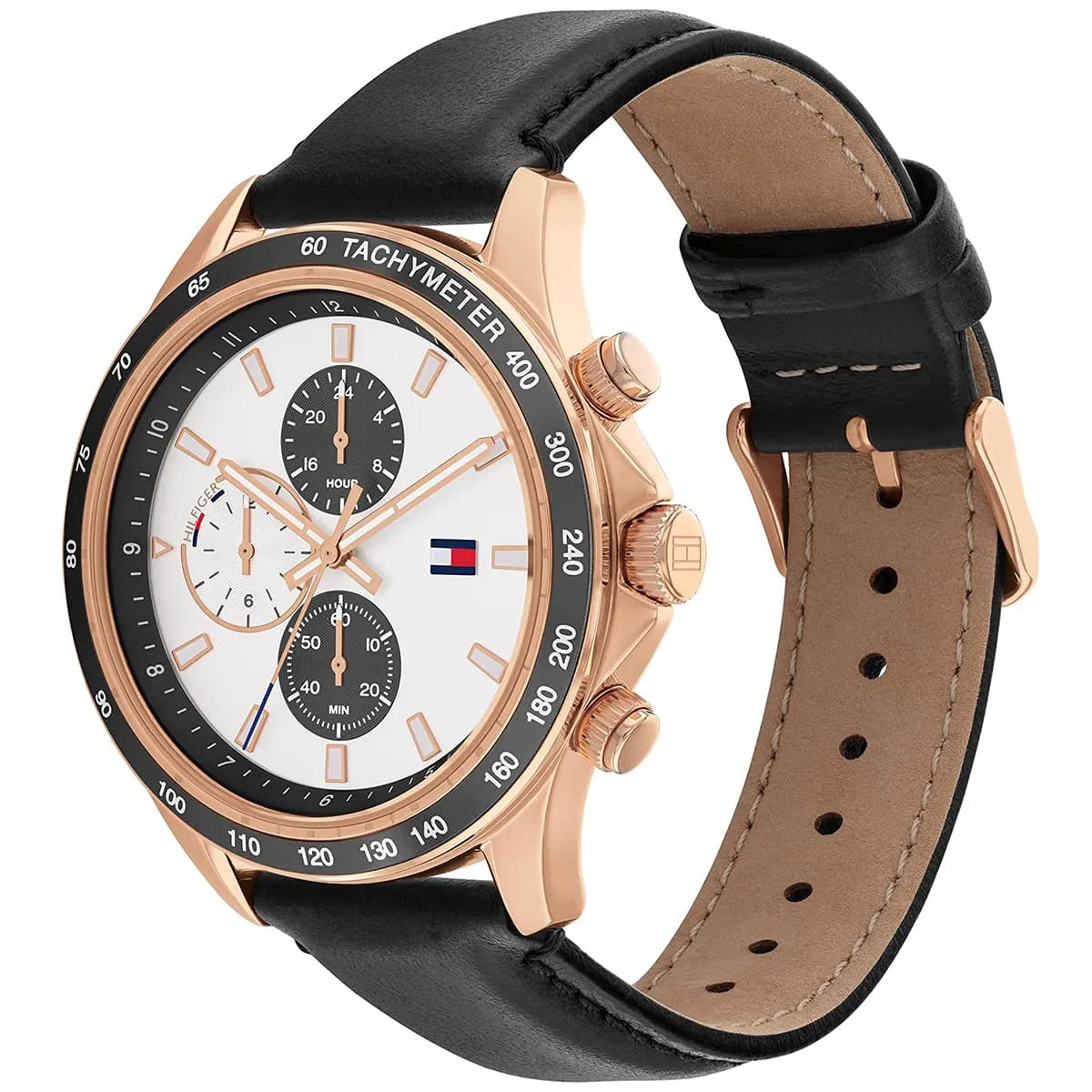 Watch displayed at 45-degree angle showing chronograph subdials and leather strap