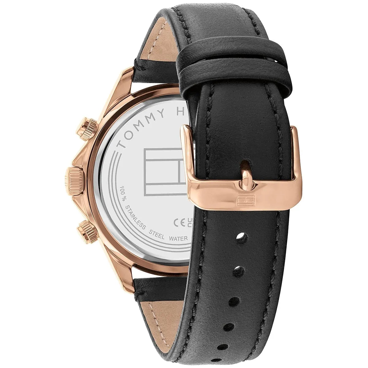 Tommy Hilfiger watch caseback showing stainless steel construction and water resistance rating
