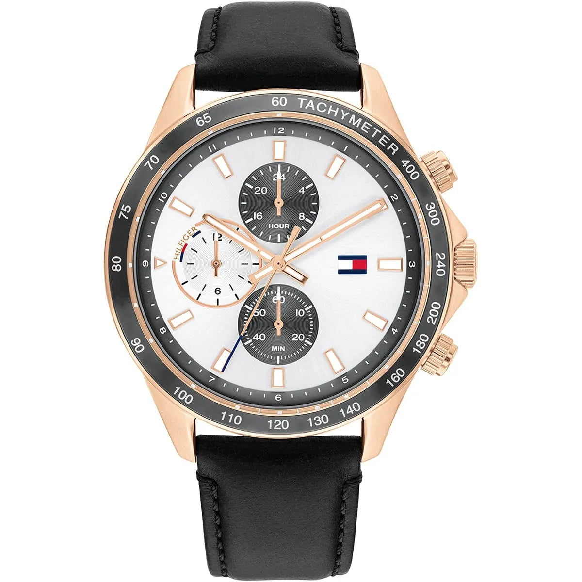 Tommy Hilfiger chronograph watch with white dial, rose gold case, and black leather strap