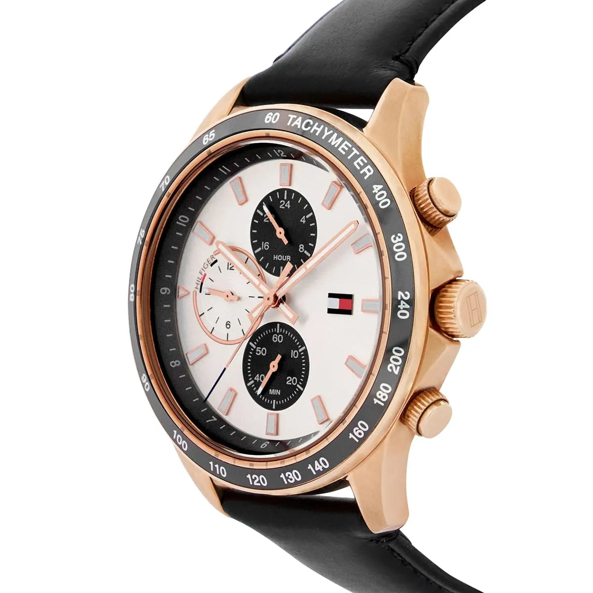 Side profile of Tommy Hilfiger chronograph with tachymeter bezel and chronograph pushers