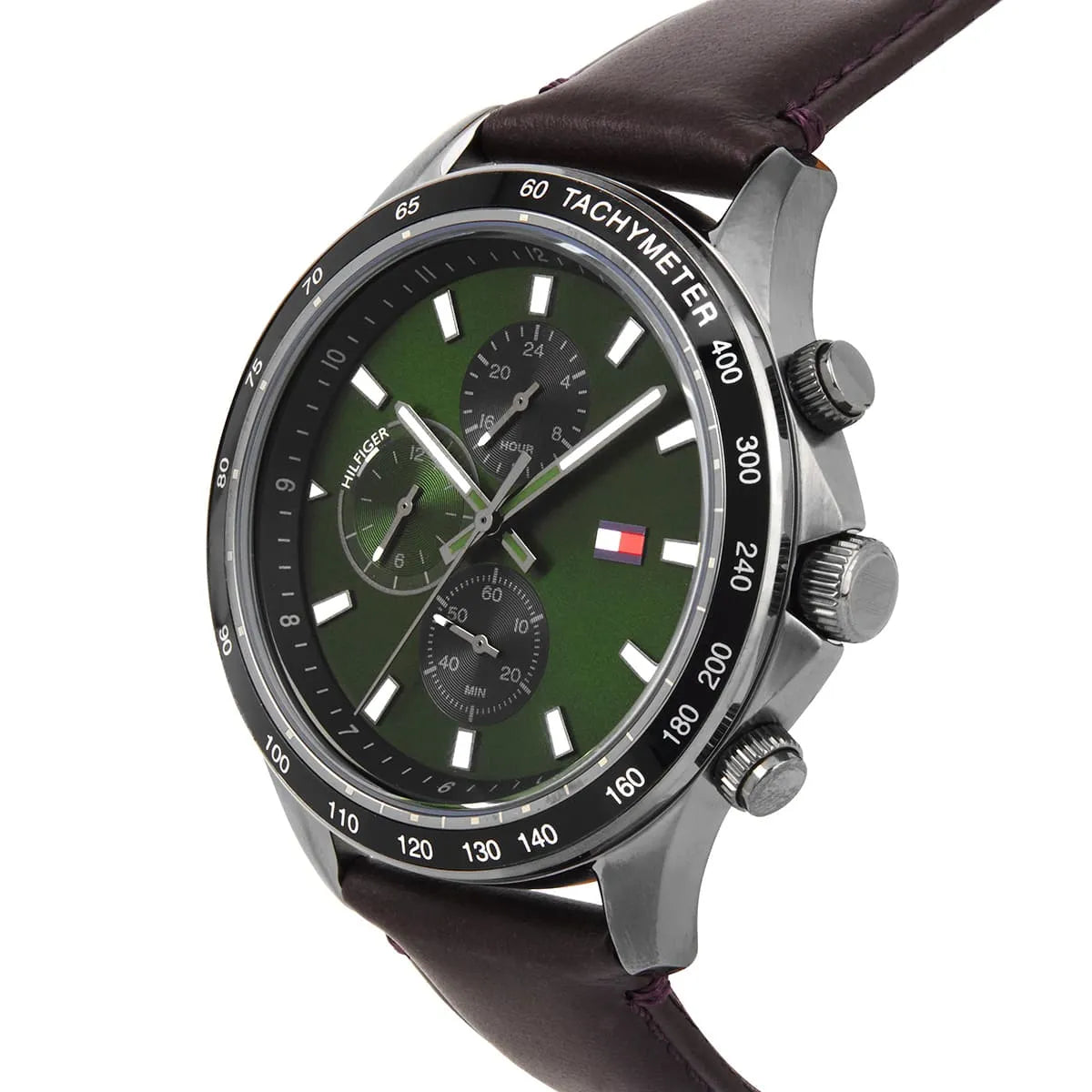 Tommy Hilfiger Miles watch side view with green dial, chronograph pushers, and brown leather strap