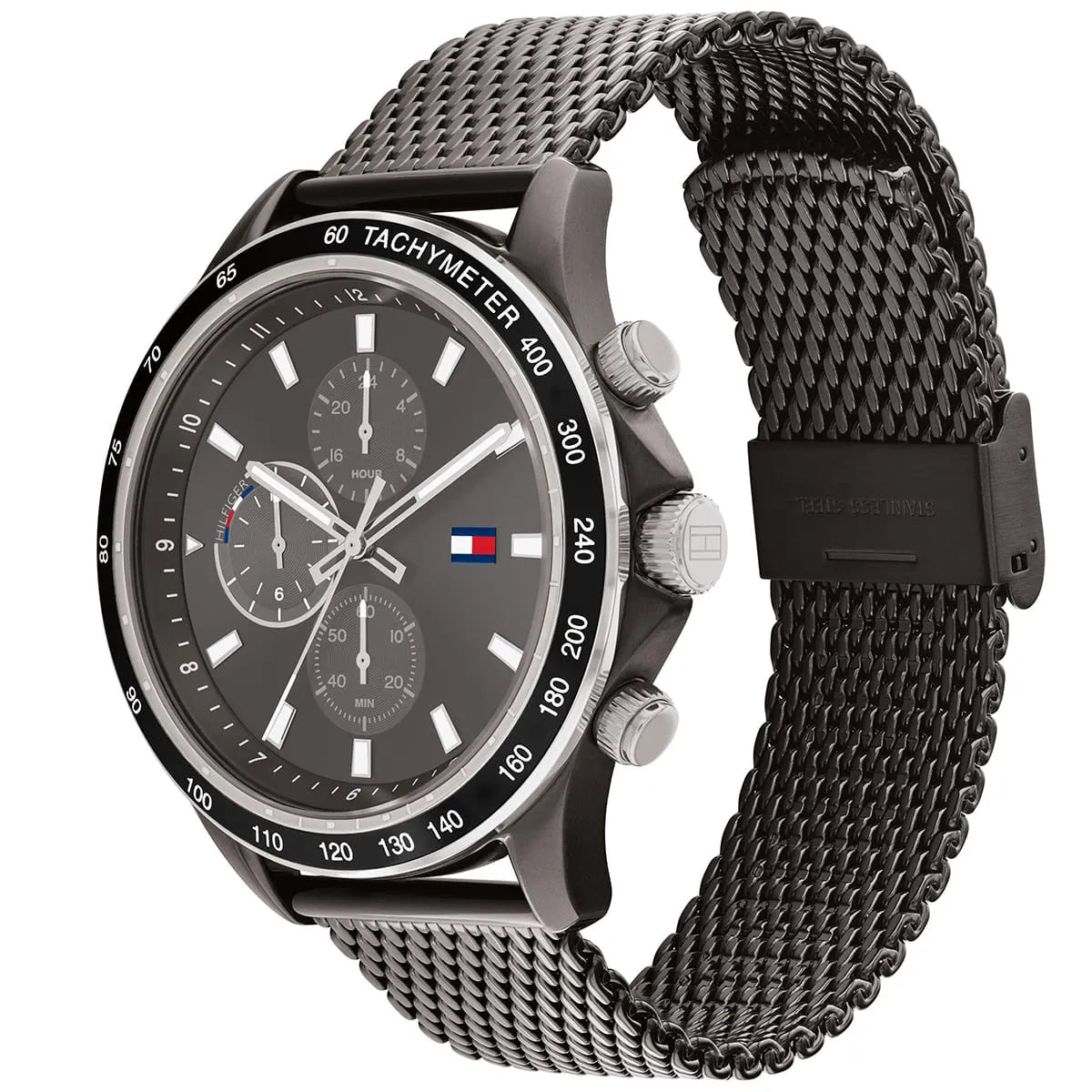 Tommy Hilfiger Miles watch angled view showing grey steel mesh bracelet and black bezel
