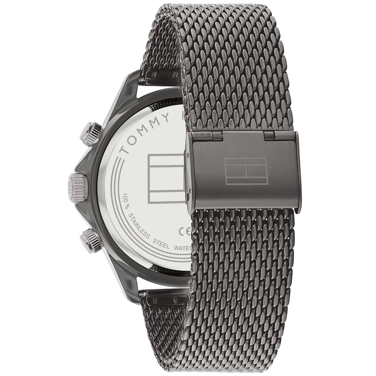 Tommy Hilfiger Miles watch caseback with steel mesh band and deployment clasp