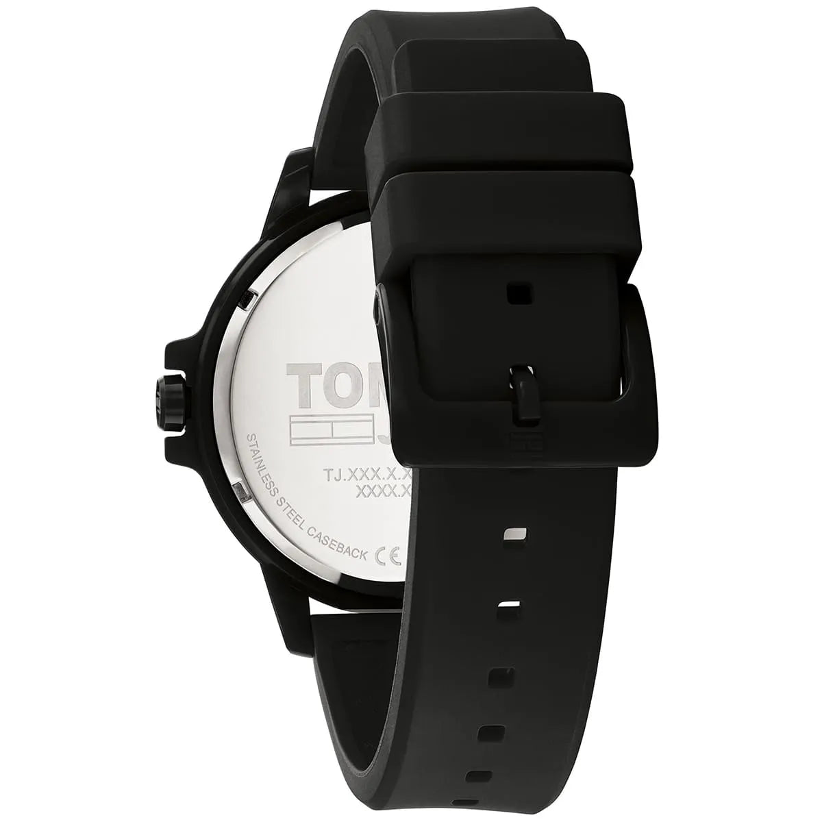 Tommy Hilfiger Jeans watch caseback showing stainless steel case with engraving