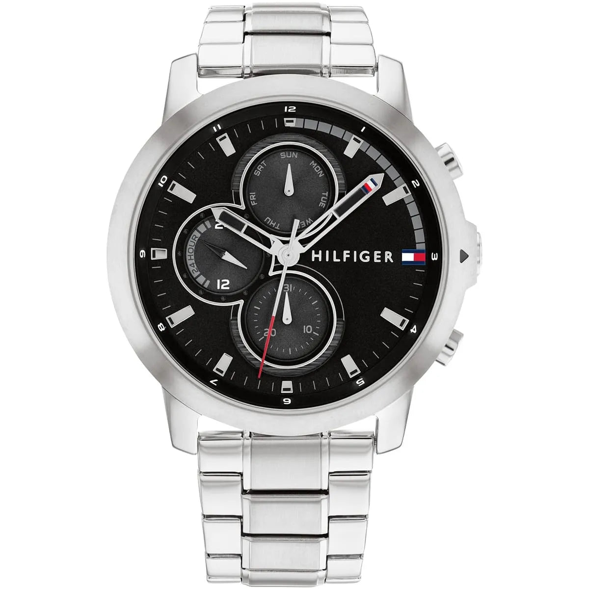 Tommy Hilfiger men's chronograph watch with black dial and silver stainless steel bracelet