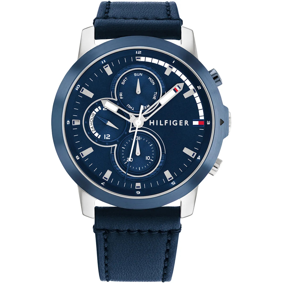Tommy Hilfiger men's chronograph watch with blue dial and navy silicone strap