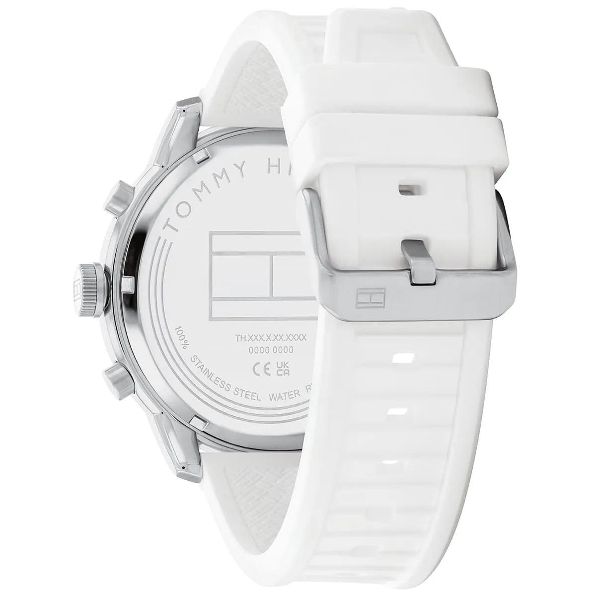 Case back of Tommy Hilfiger Wild chronograph watch showing stainless steel water resistant case