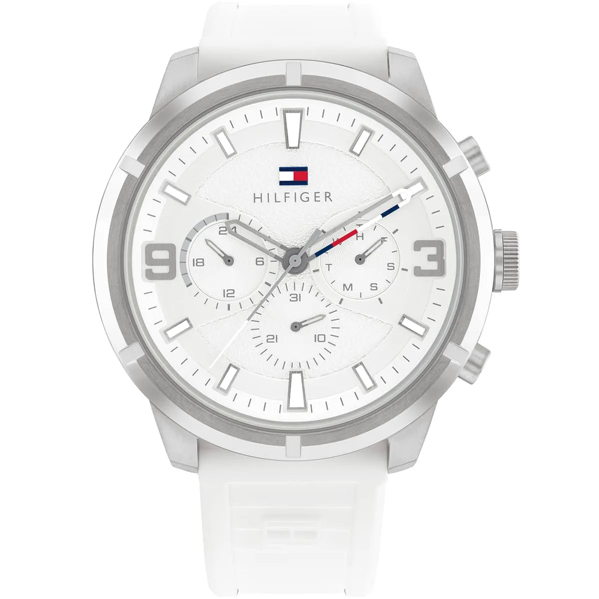 Tommy Hilfiger Wild white chronograph watch with white dial, silver case, and white rubber strap