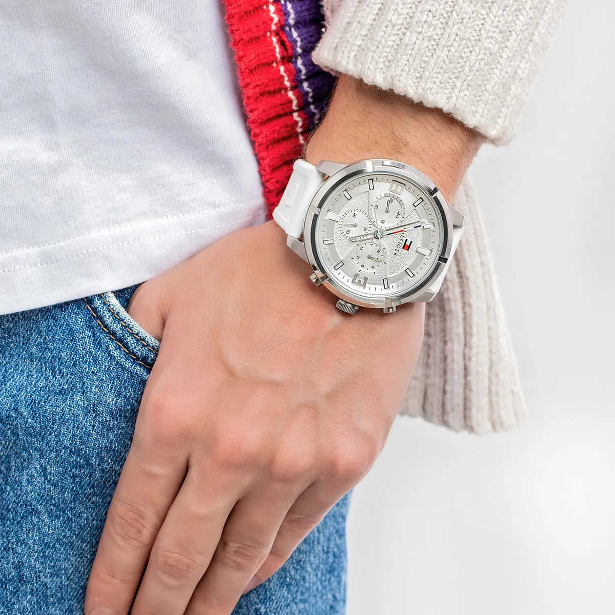 Tommy Hilfiger Wild chronograph watch worn on wrist paired with casual clothing