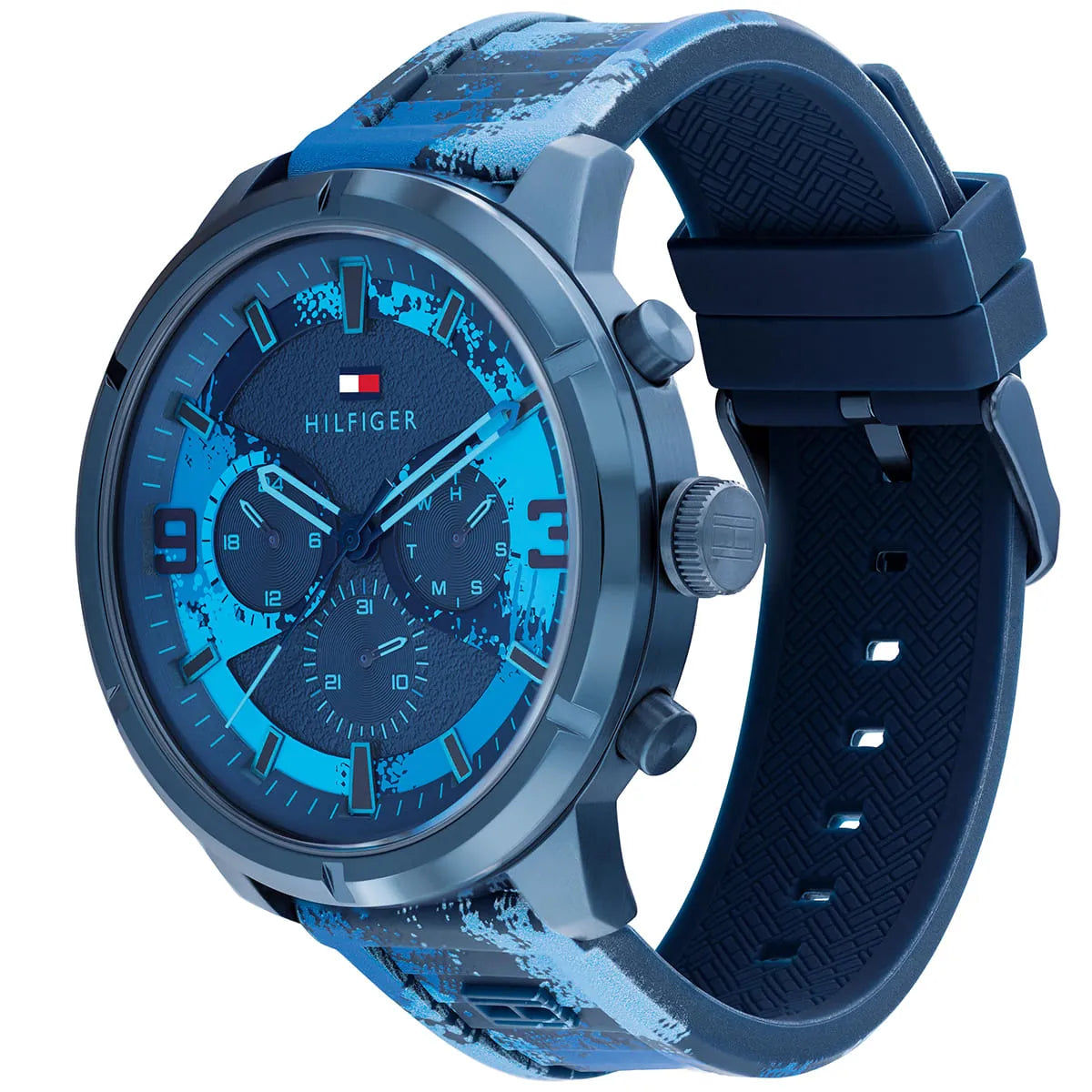 Tommy Hilfiger Wild Blue Chronograph watch displayed at angle showing dial and rubber strap