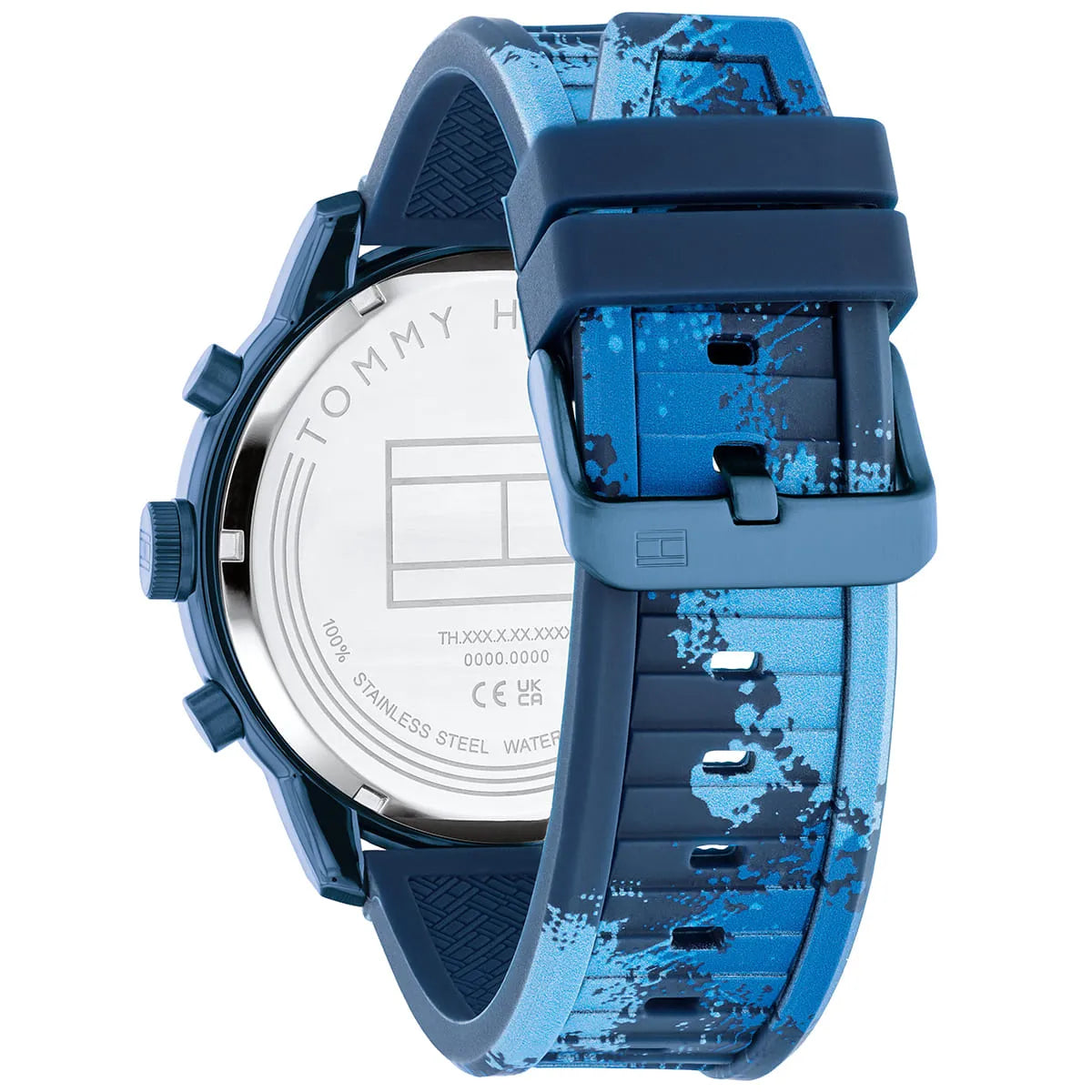 Tommy Hilfiger Wild Blue Chronograph watch caseback showing steel case with TH branding