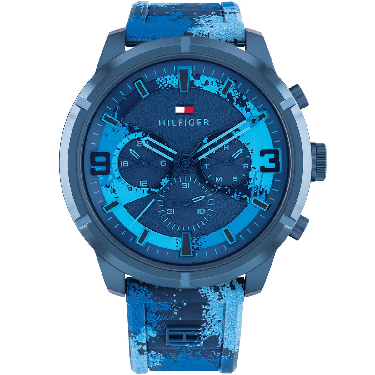 Tommy Hilfiger Wild Blue Chronograph watch with blue splatter dial and blue rubber strap