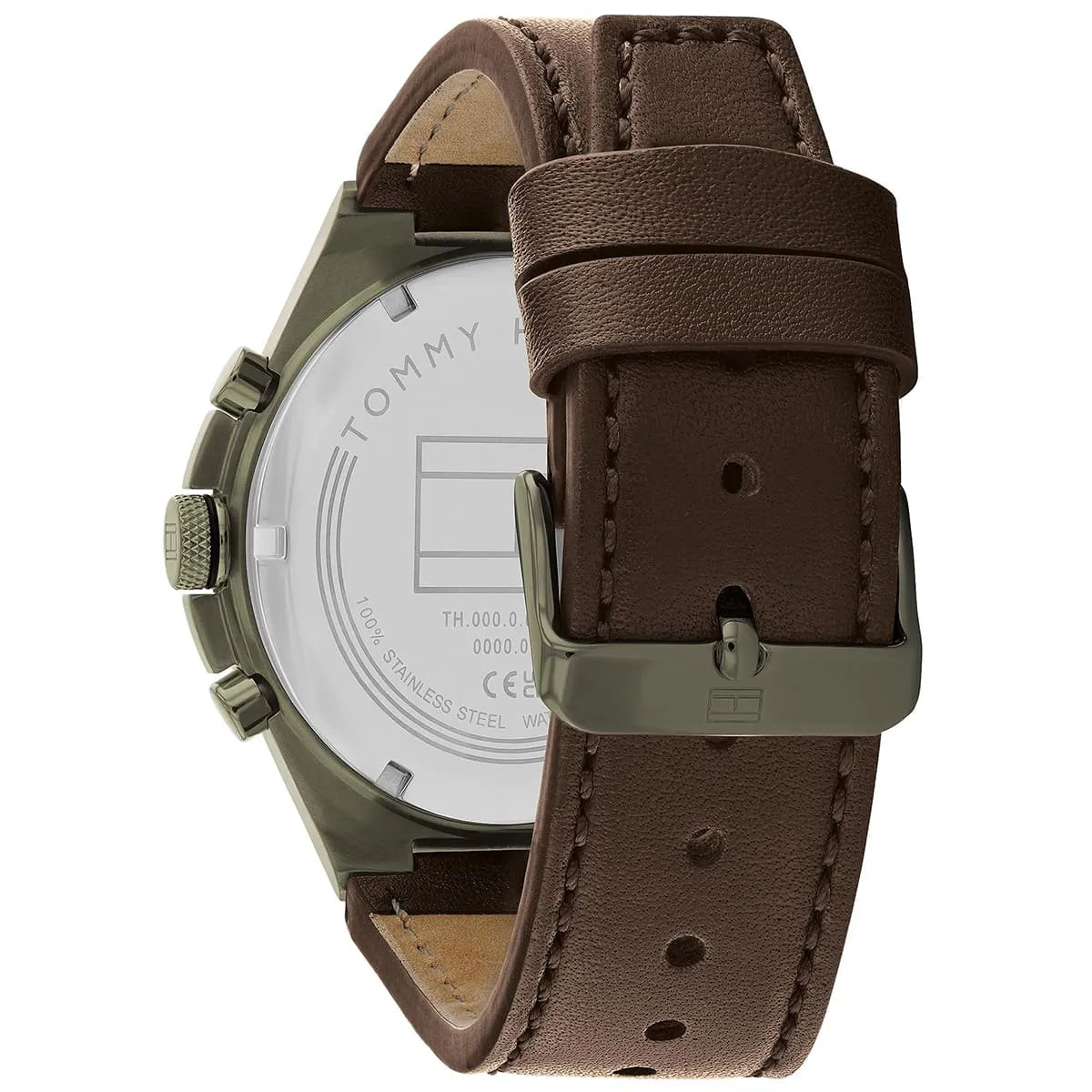 Tommy Hilfiger watch caseback showing steel construction and model details