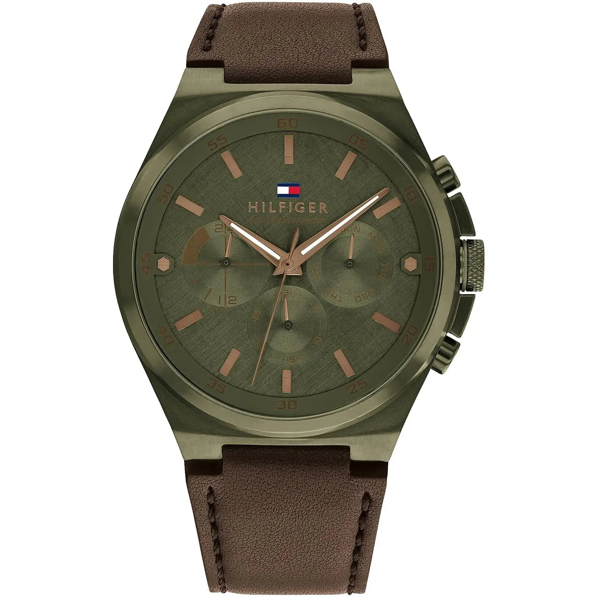 Tommy Hilfiger men's chronograph watch with green dial, round case, and brown leather strap