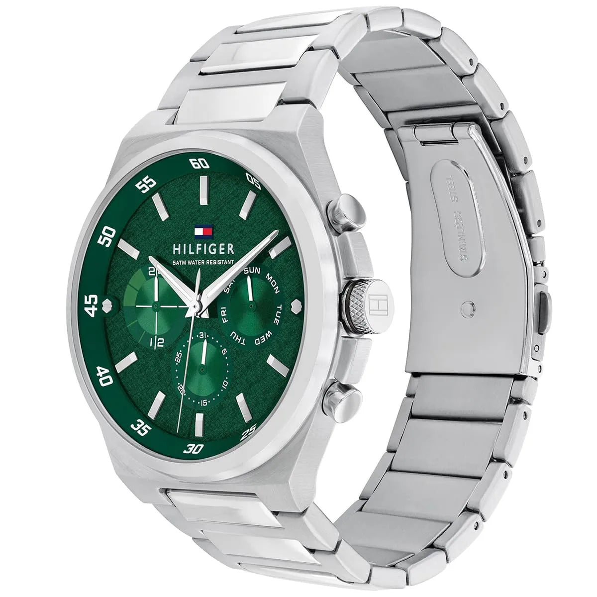 Tommy Hilfiger Dexter watch with green dial at three-quarter angle showing stainless steel strap