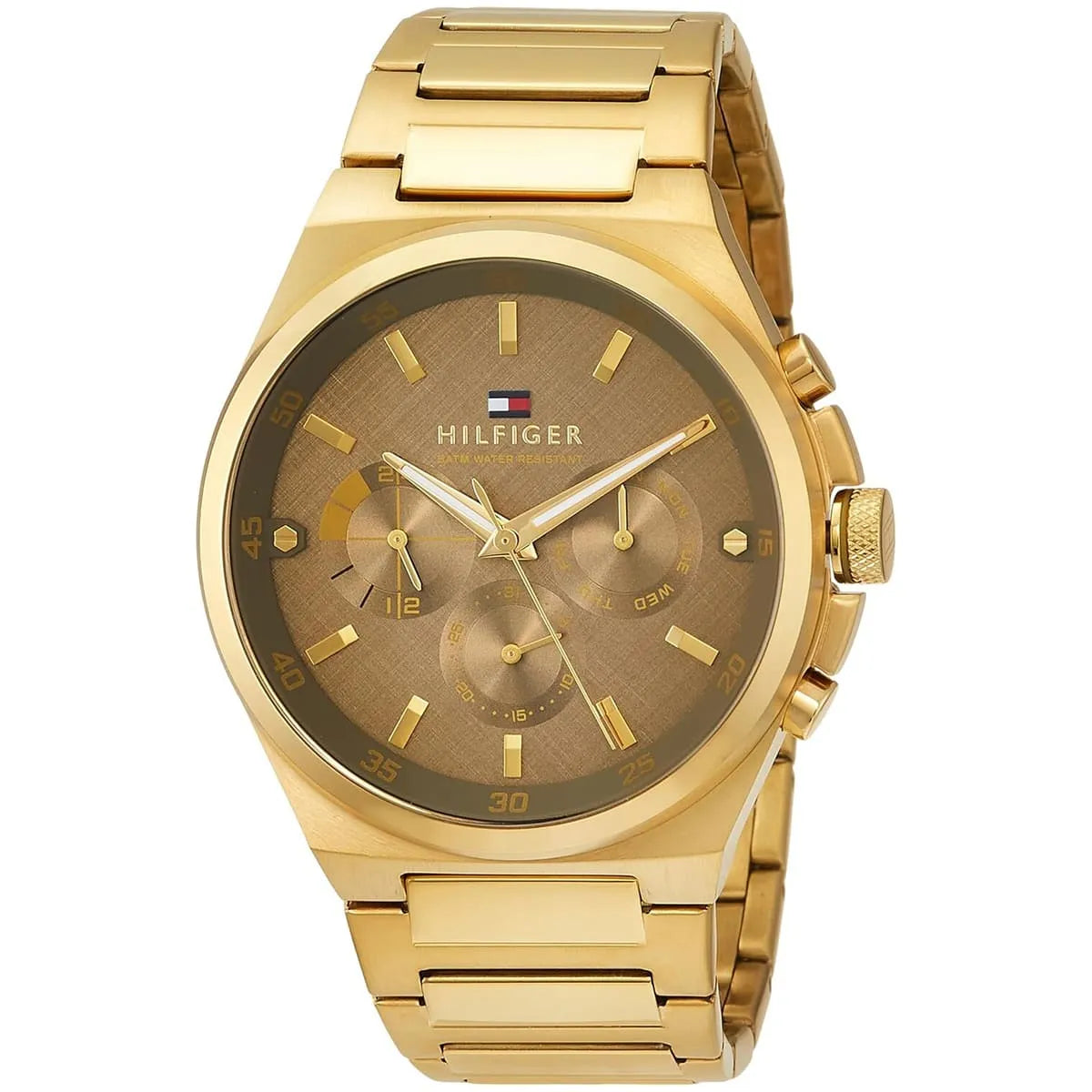 Side angle view of Tommy Hilfiger Dexter gold watch with brown chronograph dial