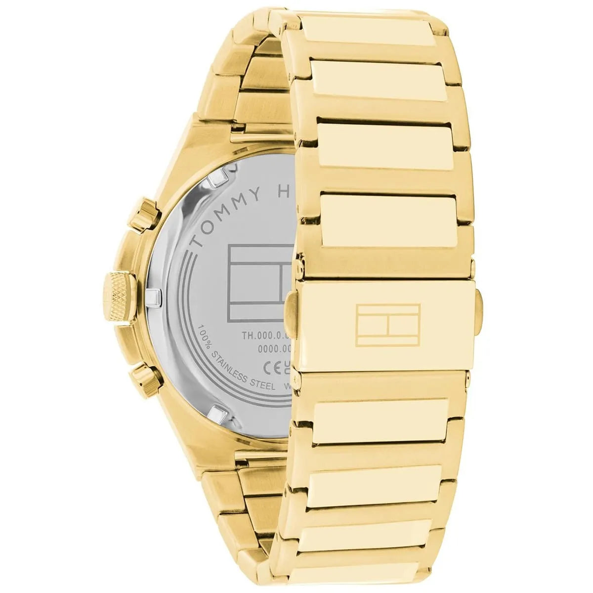 Tommy Hilfiger Dexter caseback showing stainless steel bracelet and watch movement